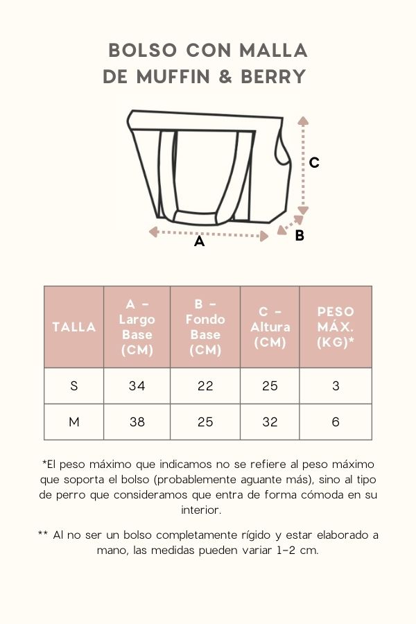 Guia de tallas Bolsos con Malla Muffin and Berry